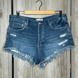 We The Free Denim Shorts Size 31 Distressed Cut Off High Rise Button Blue